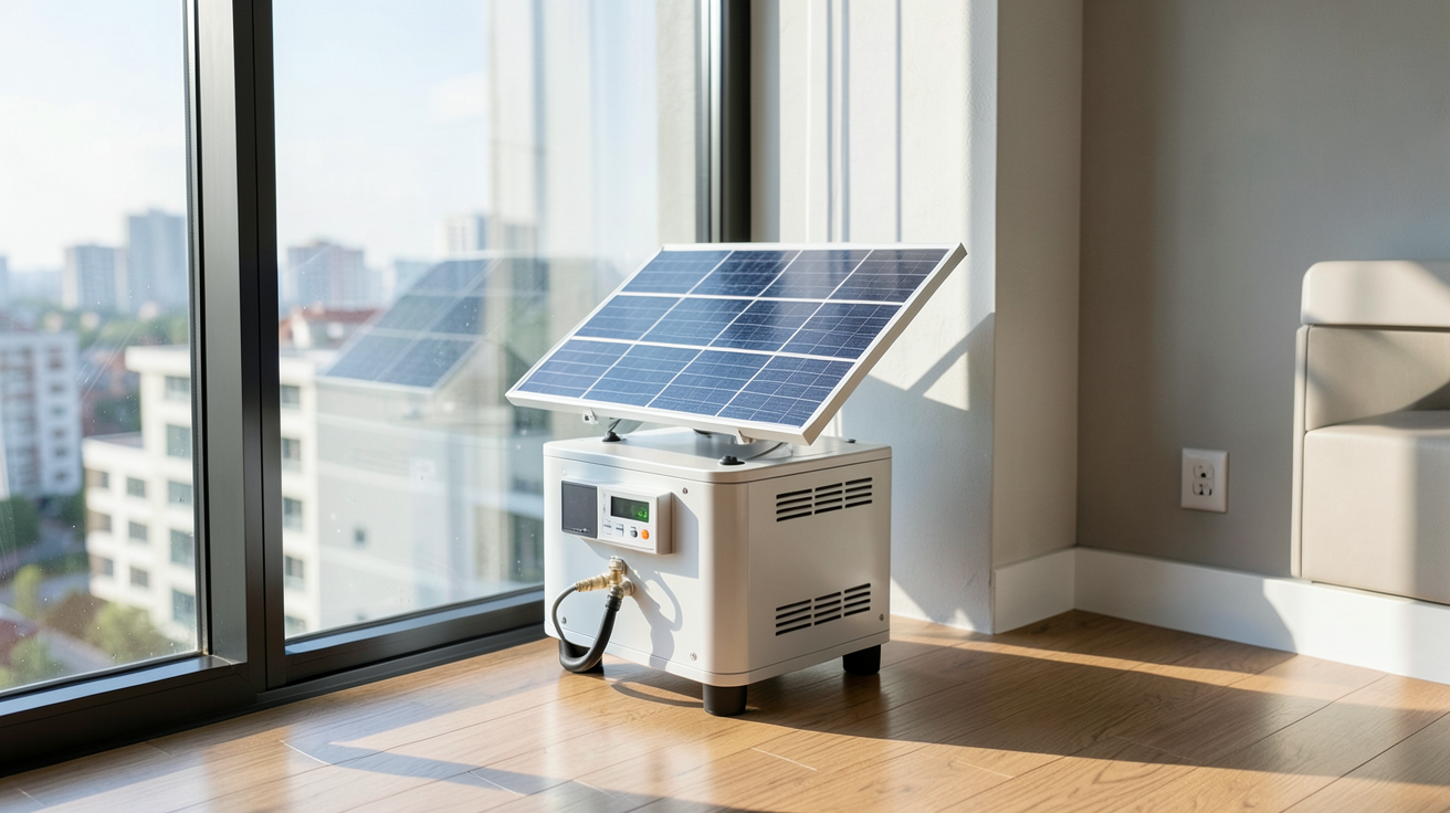 petit chauffage solaire compact installé dans un appartement moderne avec lumière naturelle