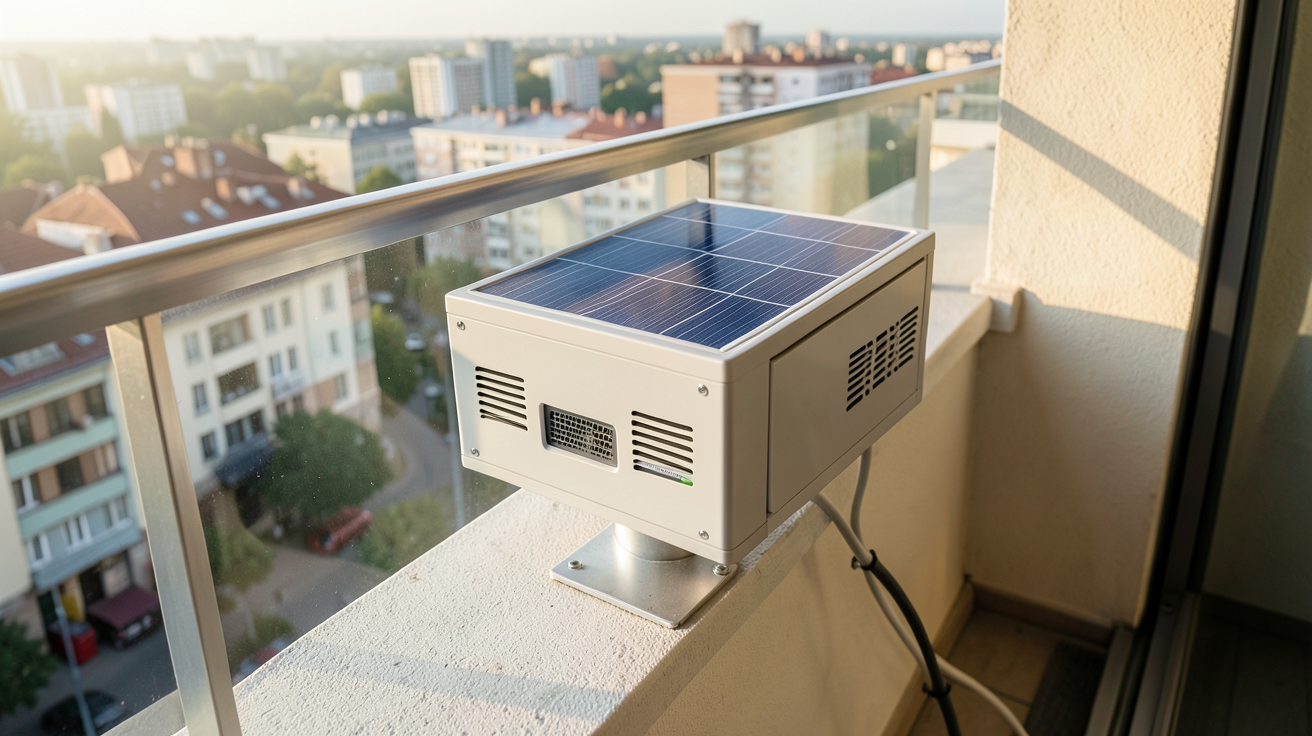 petit chauffage solaire compact installé sur un balcon d'appartement en ville
