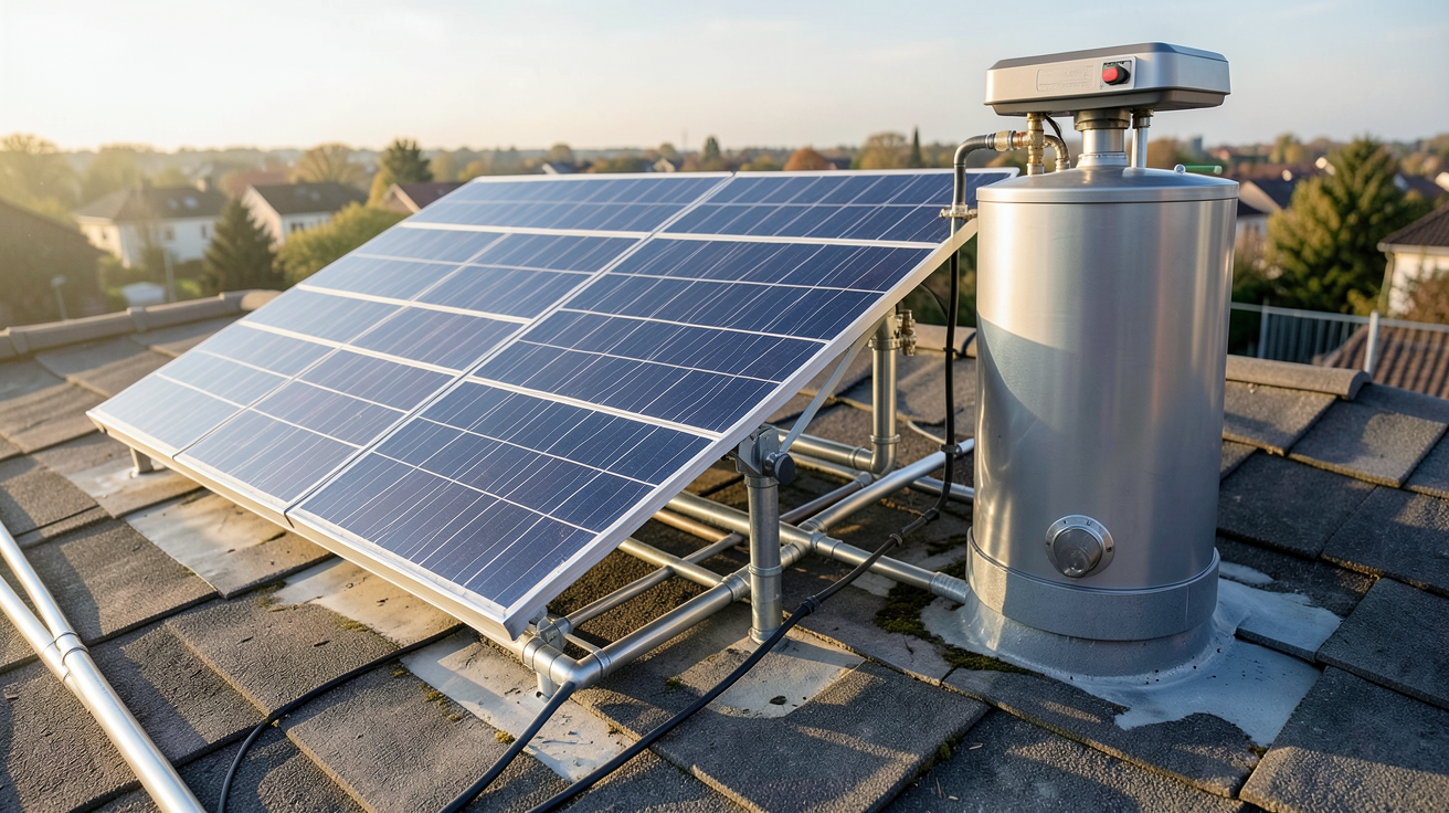 petit chauffage solaire autonome installé sur un toit de maison avec ses capteurs et ballon de stockage