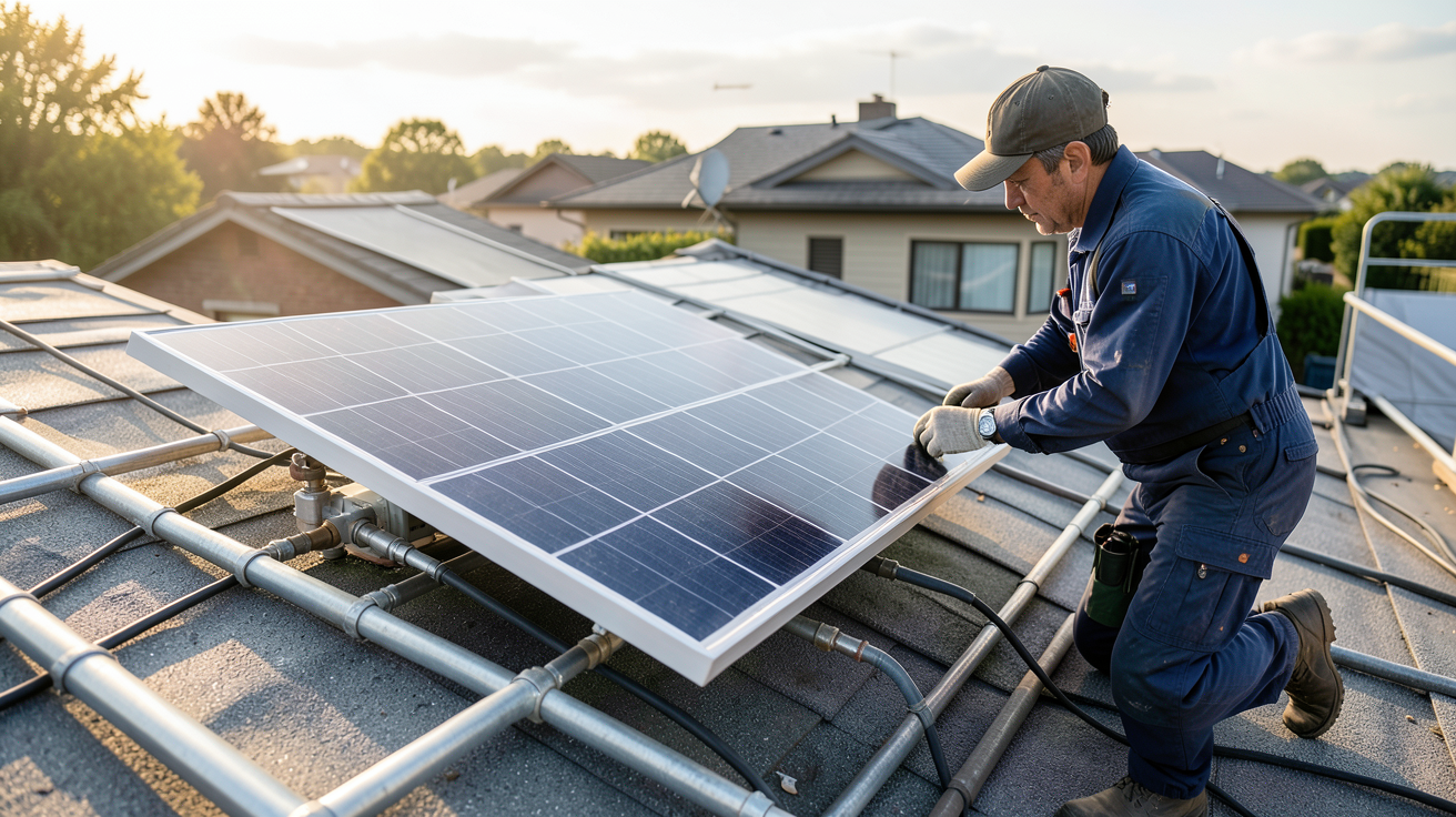 petit chauffage solaire autonome en cours d'installation sur un toit de maison avec un professionnel