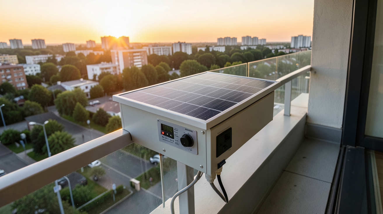 petit chauffage solaire autonome installé sur un balcon d'une maison contemporaine