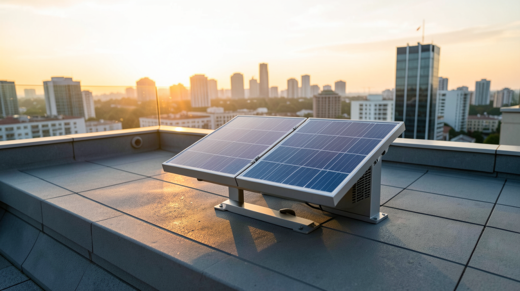 petit chauffage solaire autonome installé sur le toit d'une terrasse urbaine