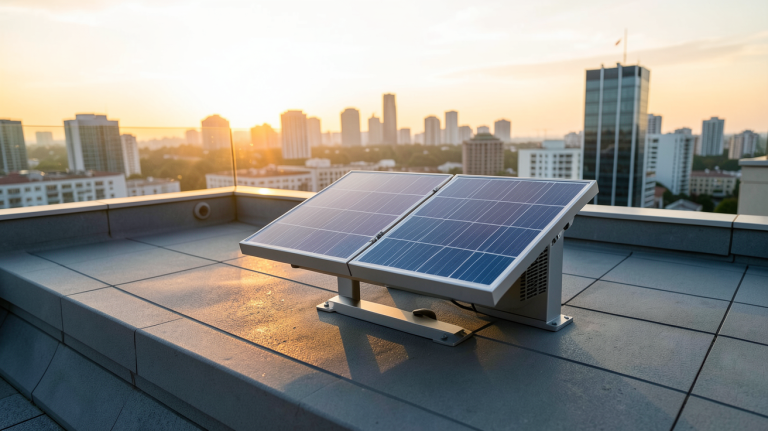petit chauffage solaire autonome installé sur le toit d'une terrasse urbaine