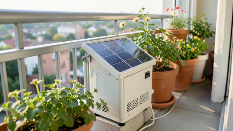 petit chauffage solaire installé sur un balcon avec vue sur jardin