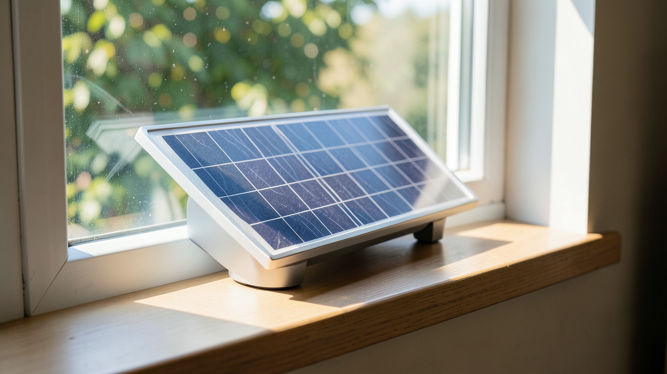 petit chauffage solaire posé sur un rebord de fenêtre avec lumière du jour