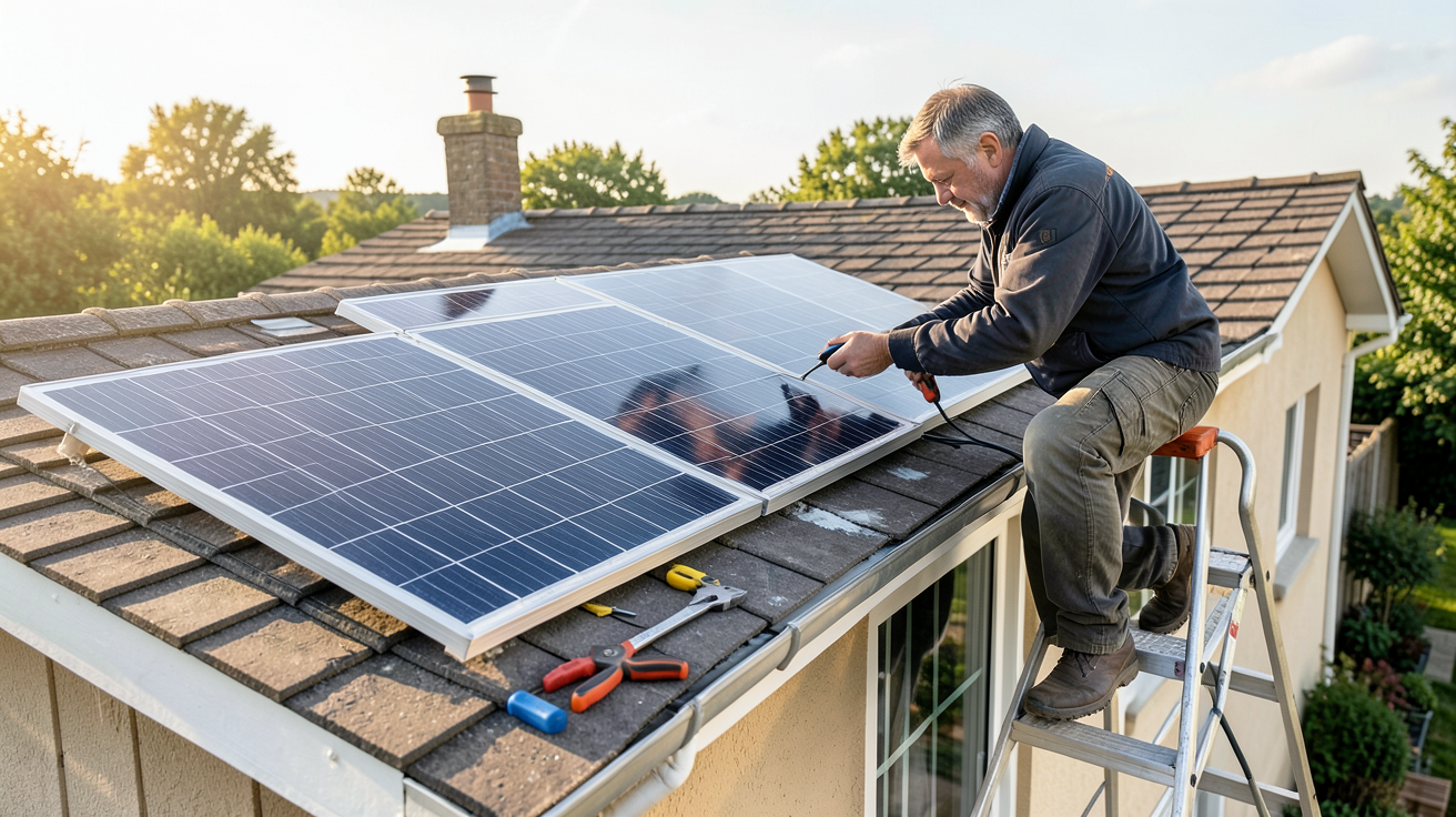 petit chauffage solaire installé sur le toit d'une maison par un technicien