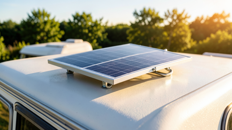 petit chauffage solaire pour caravane installé sur le toit d'une caravane en plein soleil