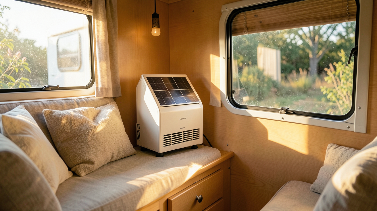 petit chauffage solaire pour caravane installé dans un intérieur de camping chaleureux