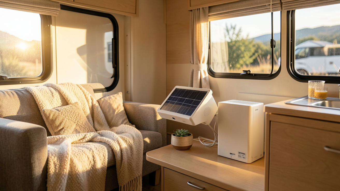 petit chauffage solaire pour caravane installé dans un habitacle de caravane lumineux et confortable