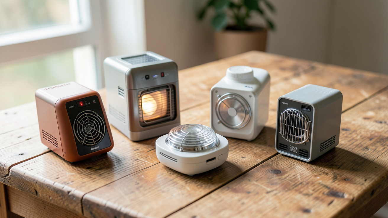 petit chauffage solaire montrant différents modèles portables et fixes sur fond neutre