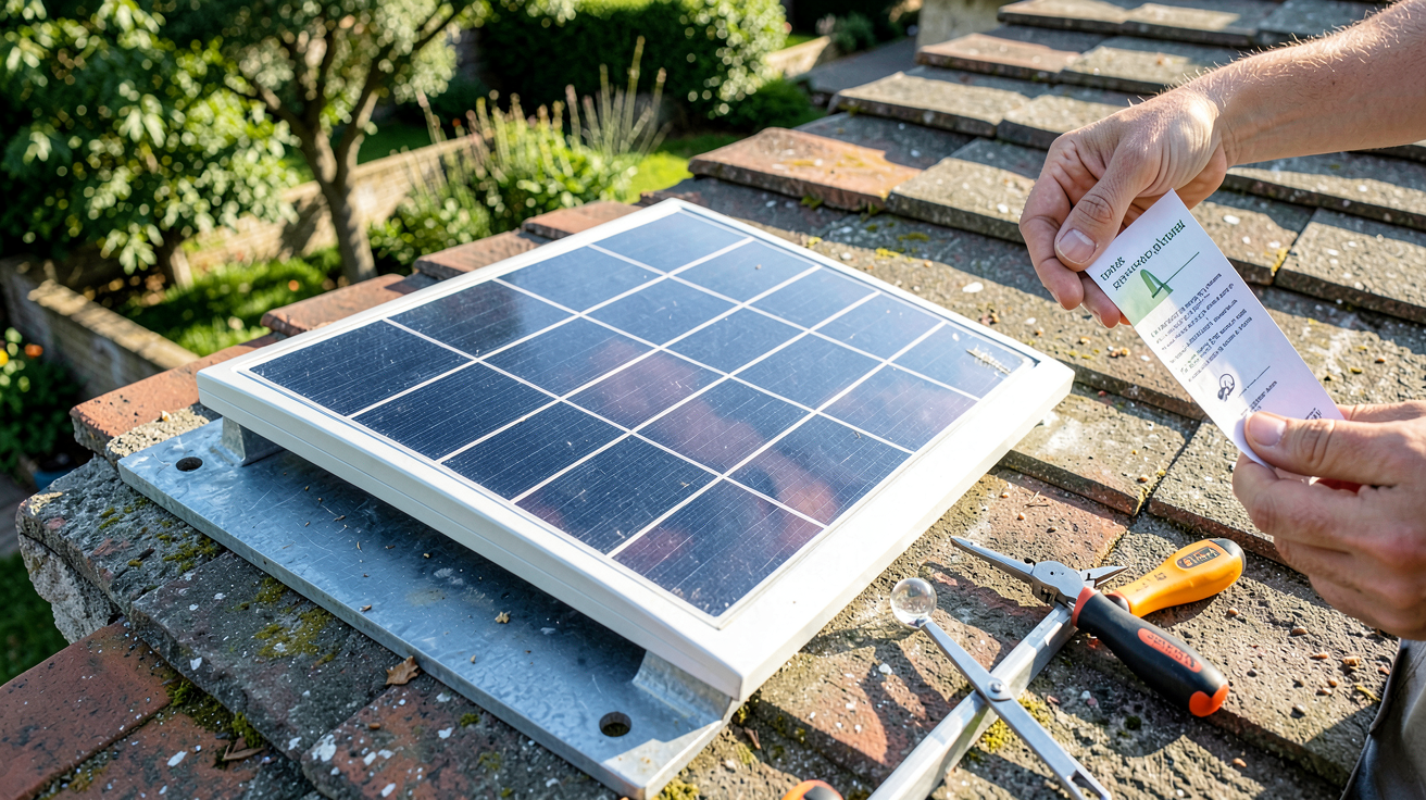petit panneau photovoltaïque installé sur un toit avec un guide d'installation pour débutants