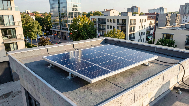petit panneau photovoltaïque installé sur le toit d'une maison urbaine moderne en fin de journée