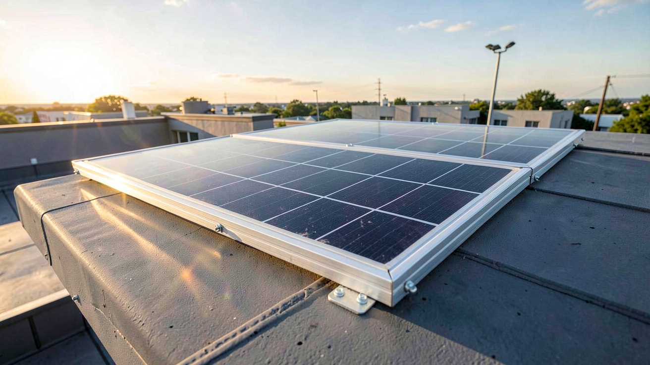 petit panneau photovoltaïque installé sur un toit ensoleillé, vue rapprochée des cellules et du cadre en aluminium