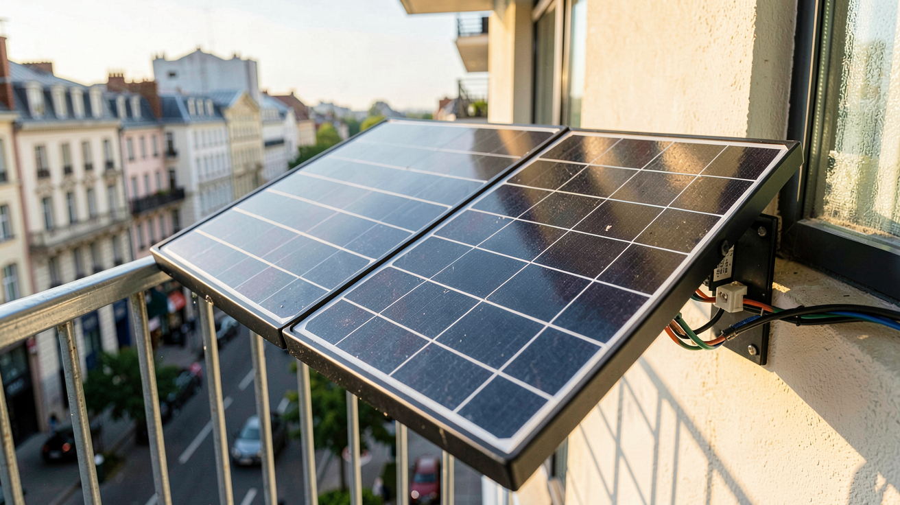 petit panneau photovoltaïque noir installé sur un balcon en ville pour capter l'énergie solaire