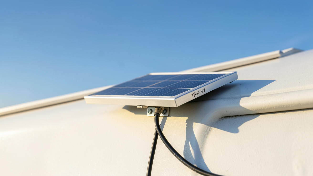 petit panneau solaire 12V installé sur le toit d'un camping-car avec vue sur le ciel