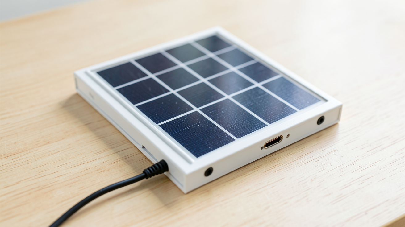 petit panneau solaire 12V de qualité professionnelle posé sur une surface en bois clair