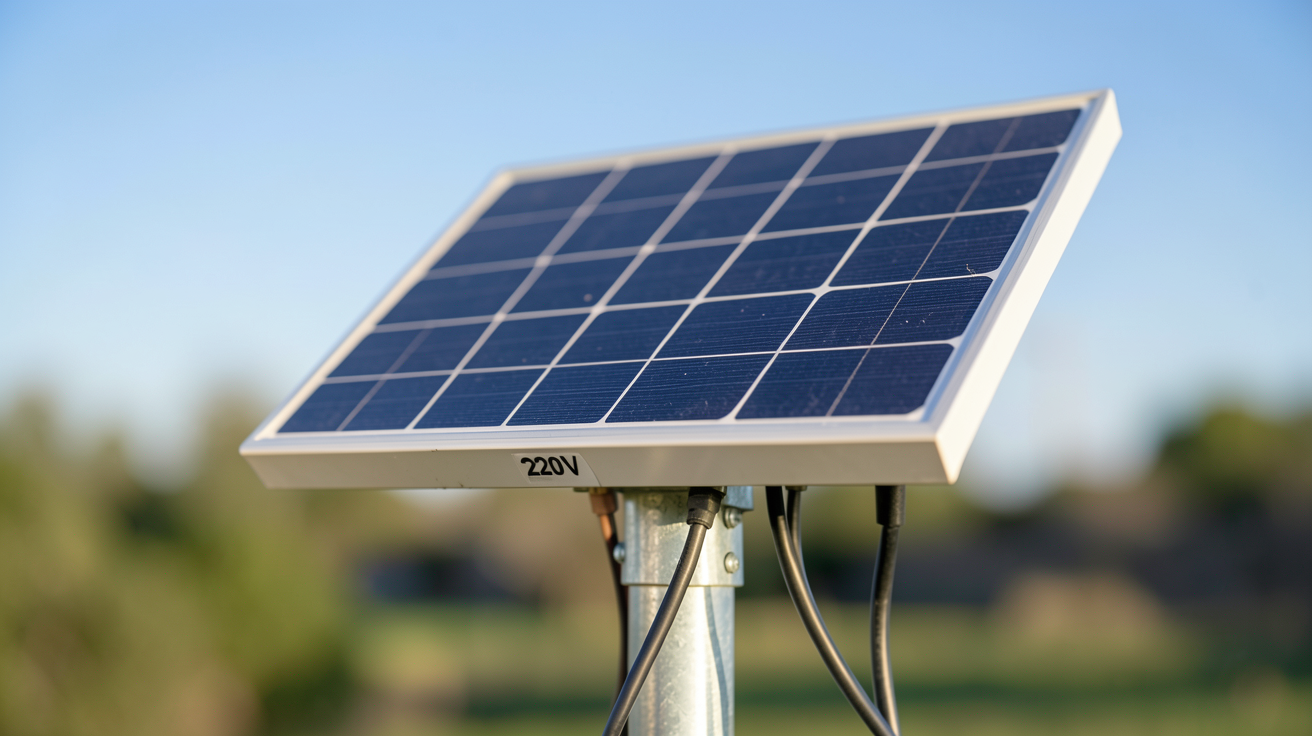 petit panneau solaire 220V posé sur un support métallique avec câbles connectés