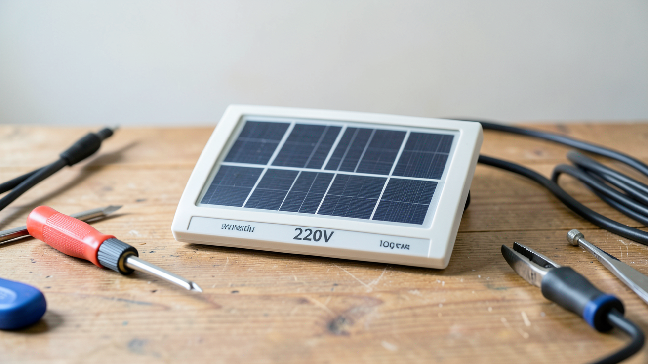 petit panneau solaire 220V posé sur une table avec outils d'installation autour