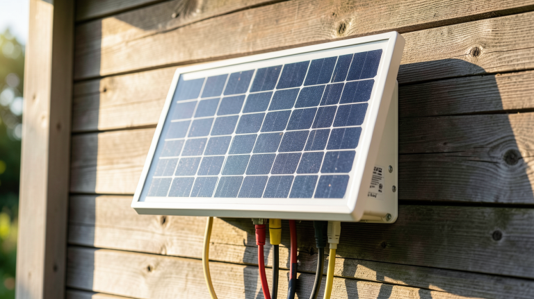 petit panneau solaire 220V installé sur un mur extérieur en bois