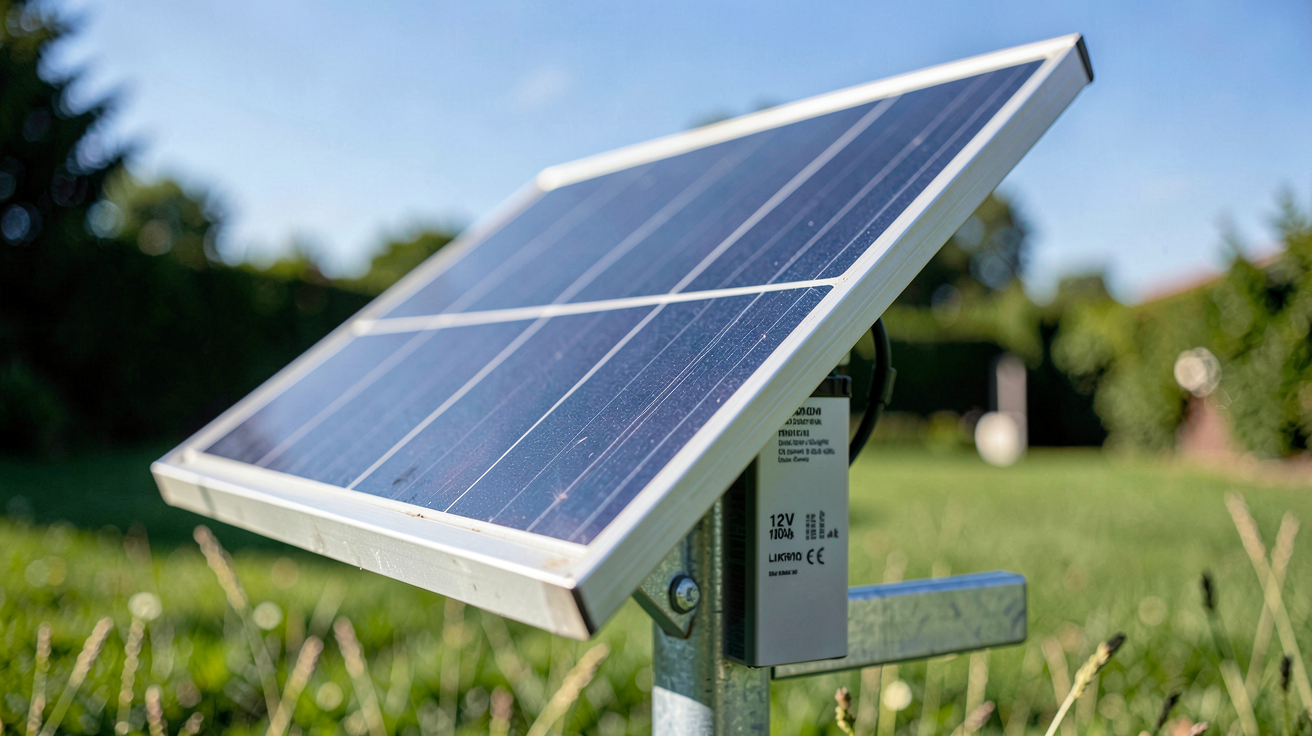 petit panneau solaire avec batterie lithium-ion de 12V 100Ah installé sur un support métallique