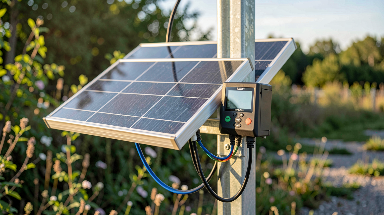 petit panneau solaire avec batterie installé en extérieur sur un support métallique