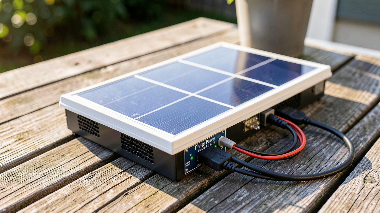 petit panneau solaire avec batterie intégré dans un kit solaire Plug & Play posé sur une terrasse en bois