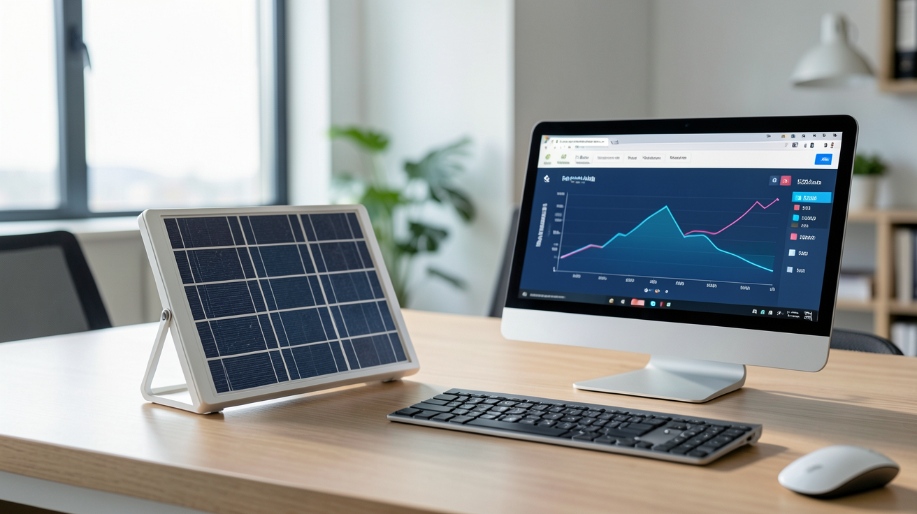 petit panneau solaire avec calculateur de rentabilité, posé sur un bureau éclairé naturellement, montrant des graphiques de performance