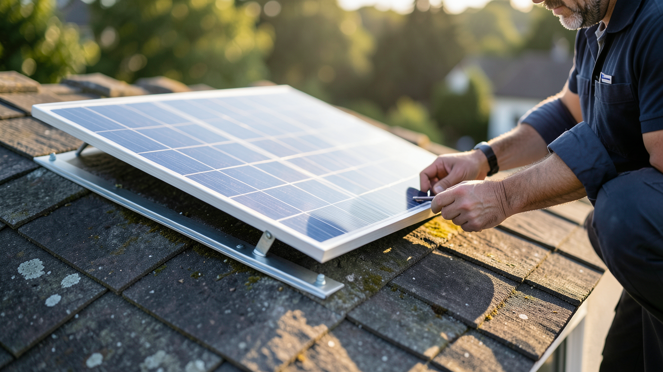 petit panneau solaire installé sur un toit avec un technicien montrant les étapes du guide d'installation pas à pas