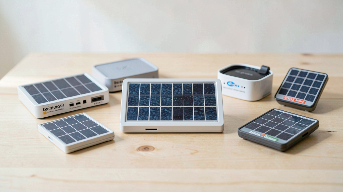 petit panneau solaire posé sur une table en bois clair avec d'autres modèles similaires