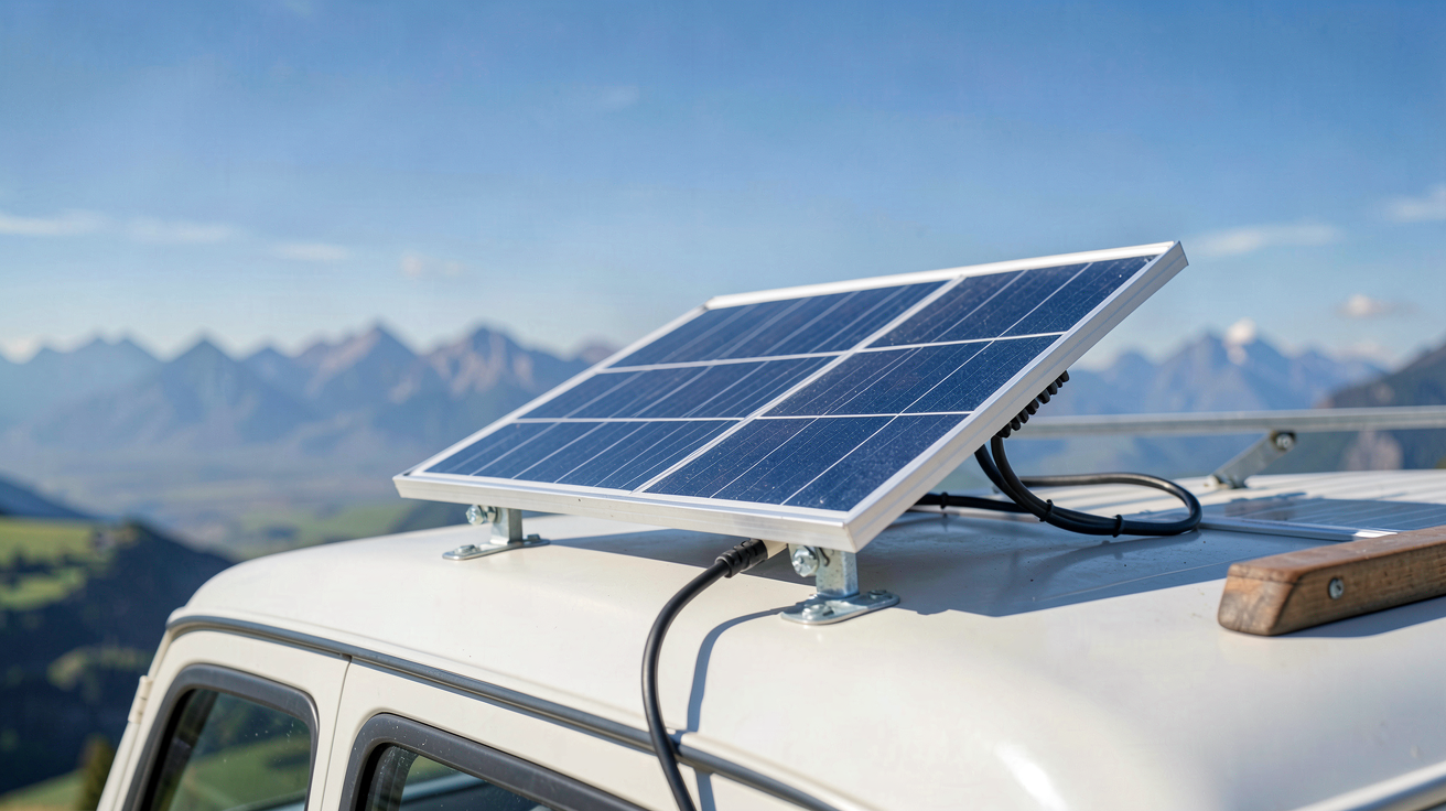 petit panneau solaire de 100W installé sur le toit d'une fourgonnette utilitaire en 2024