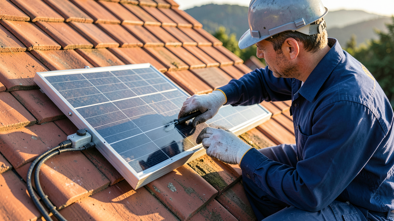 petit panneau solaire en cours d'installation sur un toit en tuiles rouges par un professionnel, avec câbles et boîtier de connexion visibles