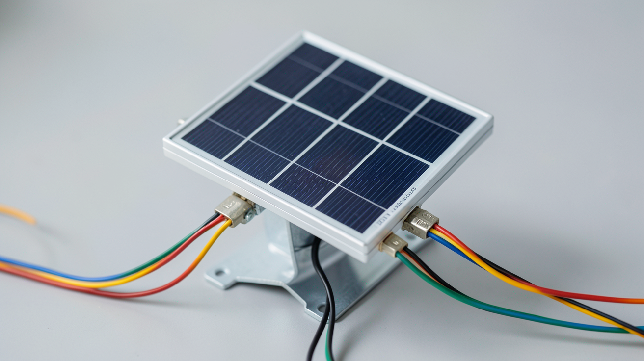 petit panneau solaire avec schéma de branchement illustré par des câbles multicolores connectés à ses bornes
