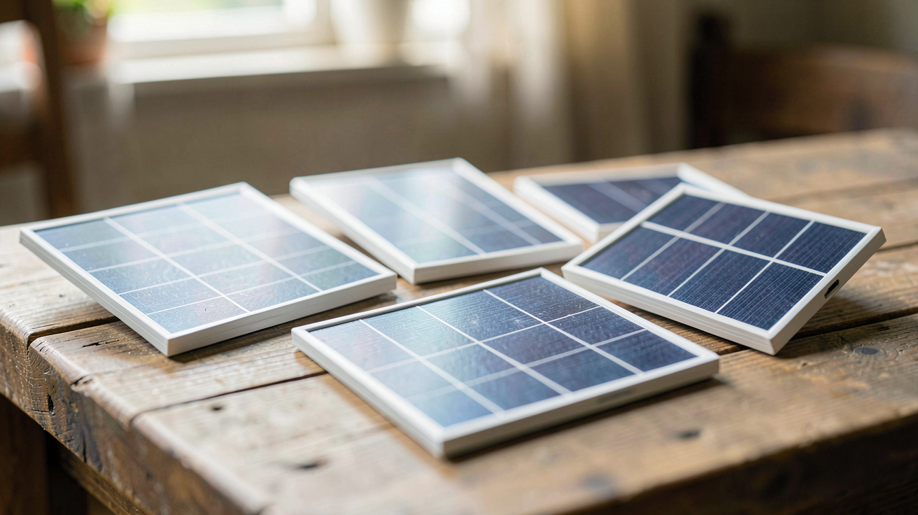 petit panneaux solaires photovoltaïques alignés sur une table en bois, cinq modèles différents exposés en lumière naturelle