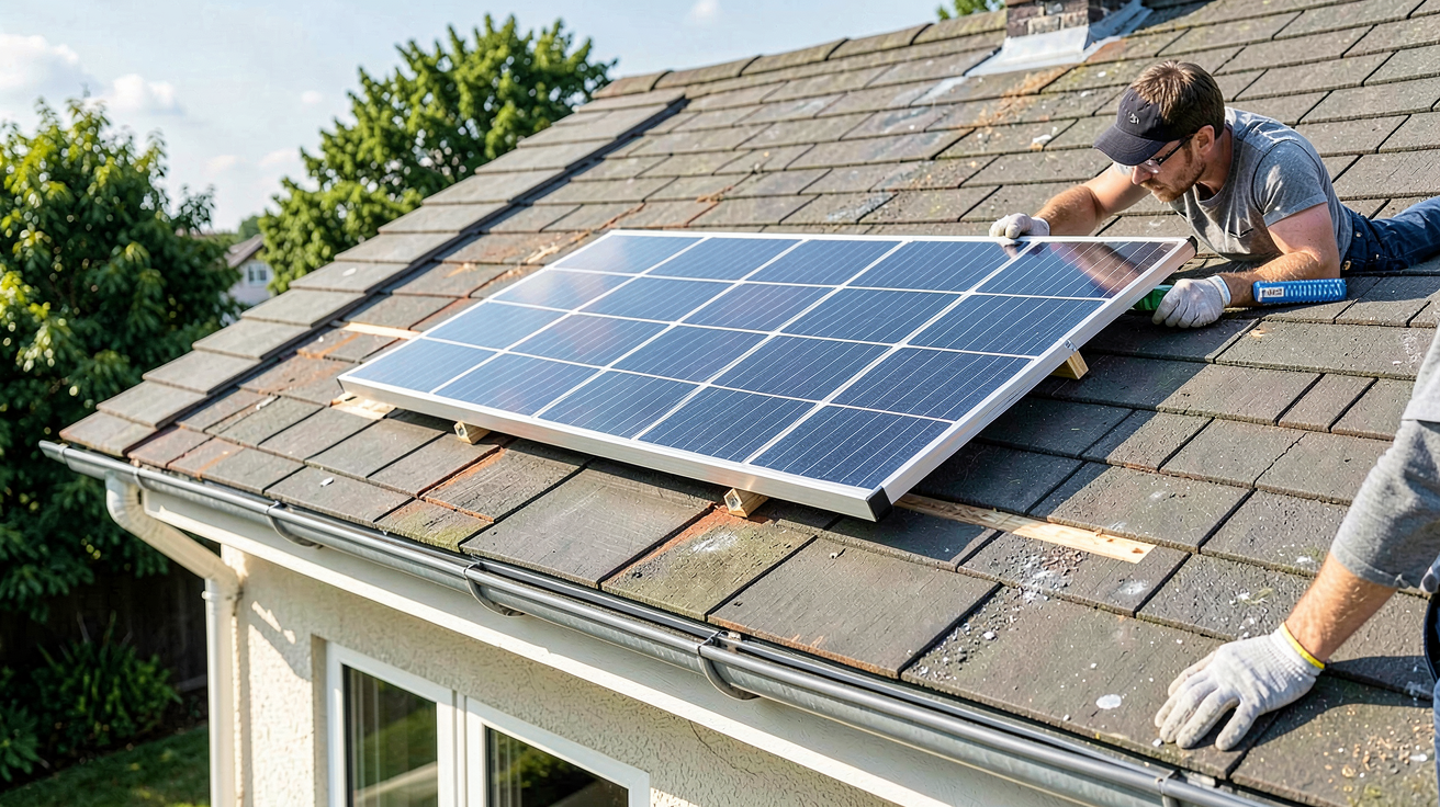 petit panneaux solaires photovoltaïques installés sur le toit d'une maison, illustrant le montage pas à pas pour les débutants
