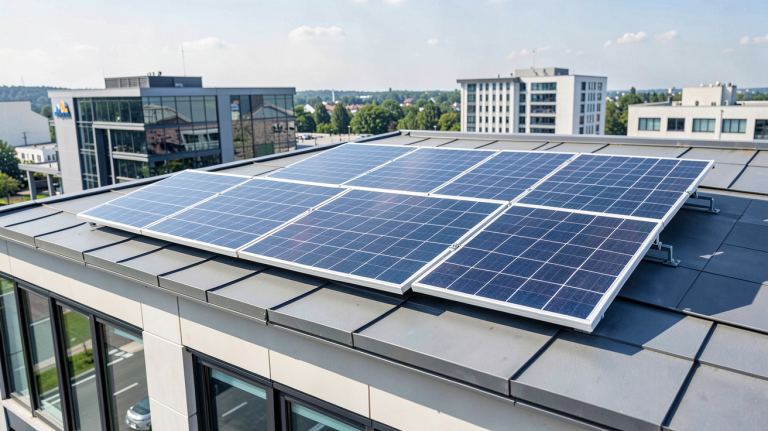 petit panneaux solaires photovoltaïques installés sur le toit d'un bâtiment commercial moderne