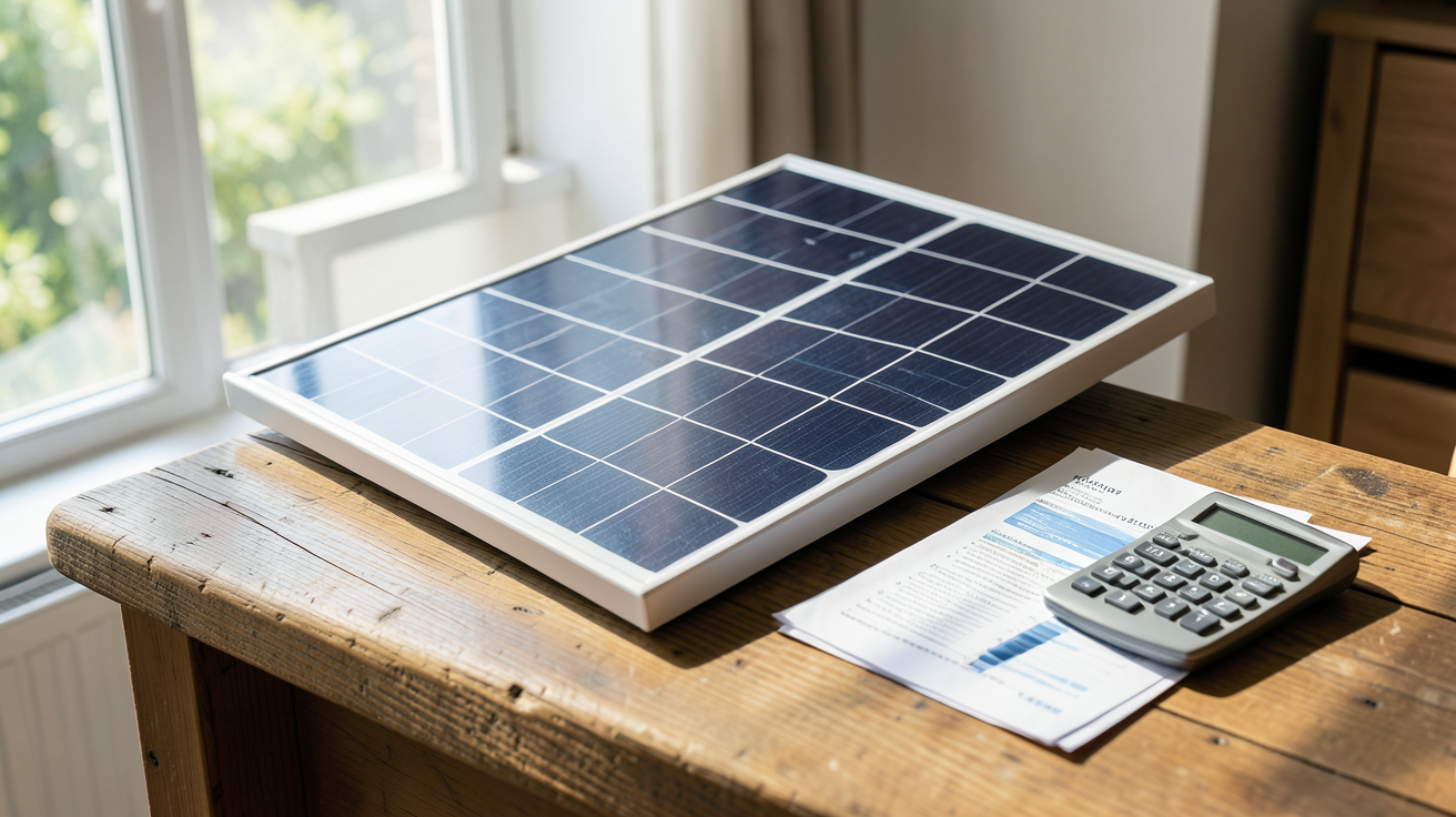 petite installation photovoltaïque sur un toit avec des documents financiers et une calculatrice