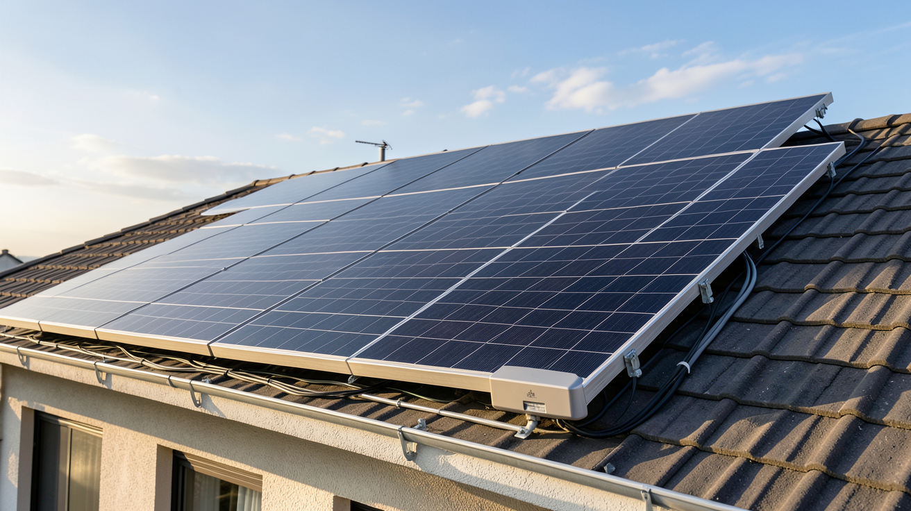 petite installation photovoltaïque sur le toit d'une maison avec panneaux solaires et onduleur compact