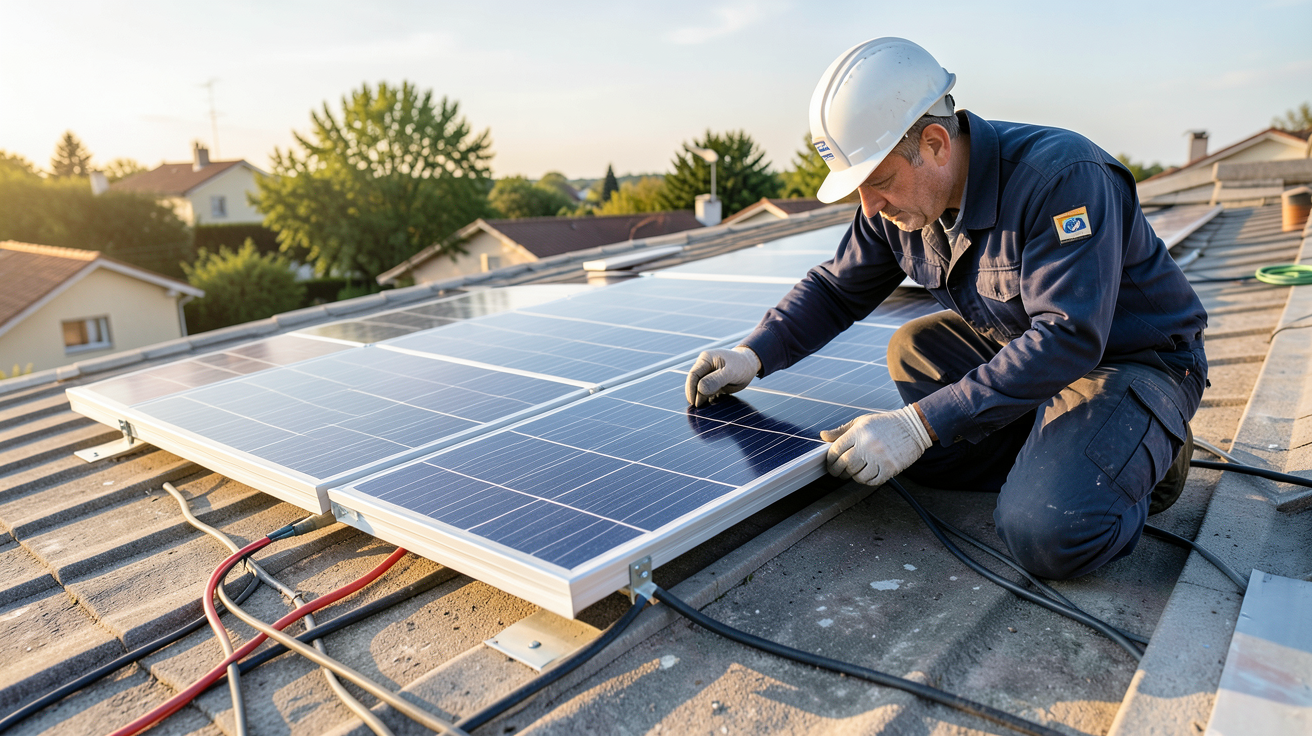 petite installation photovoltaïque en cours d'installation sur un toit résidentiel par un professionnel