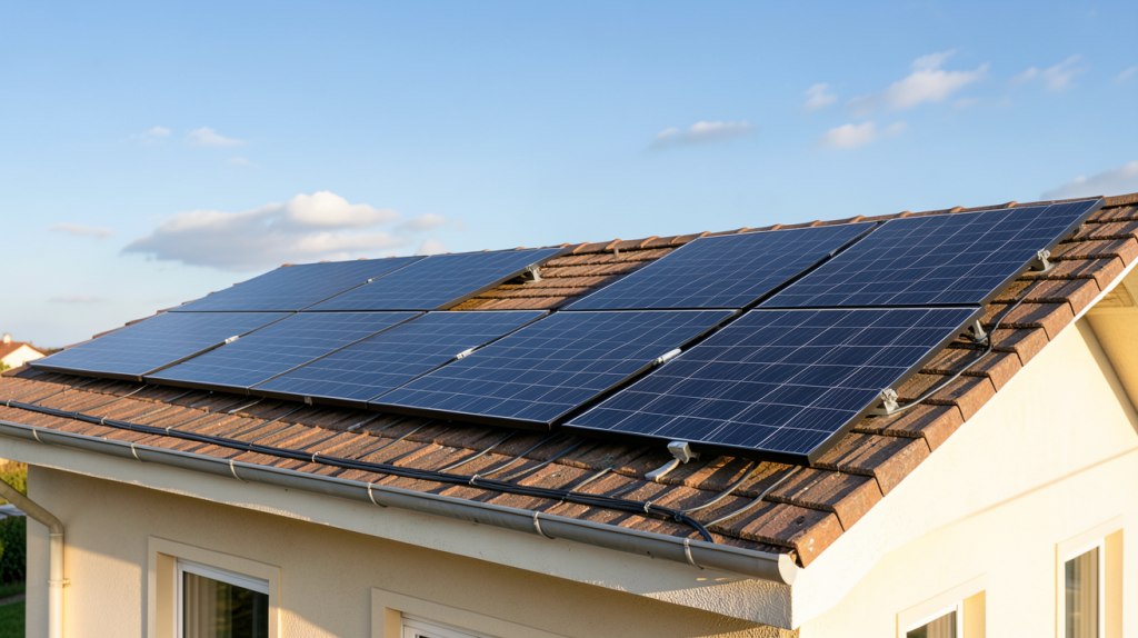 petite installation photovoltaïque composée de 6 panneaux solaires noirs sur le toit d'une maison individuelle