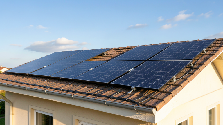 petite installation photovoltaïque composée de 6 panneaux solaires noirs sur le toit d'une maison individuelle