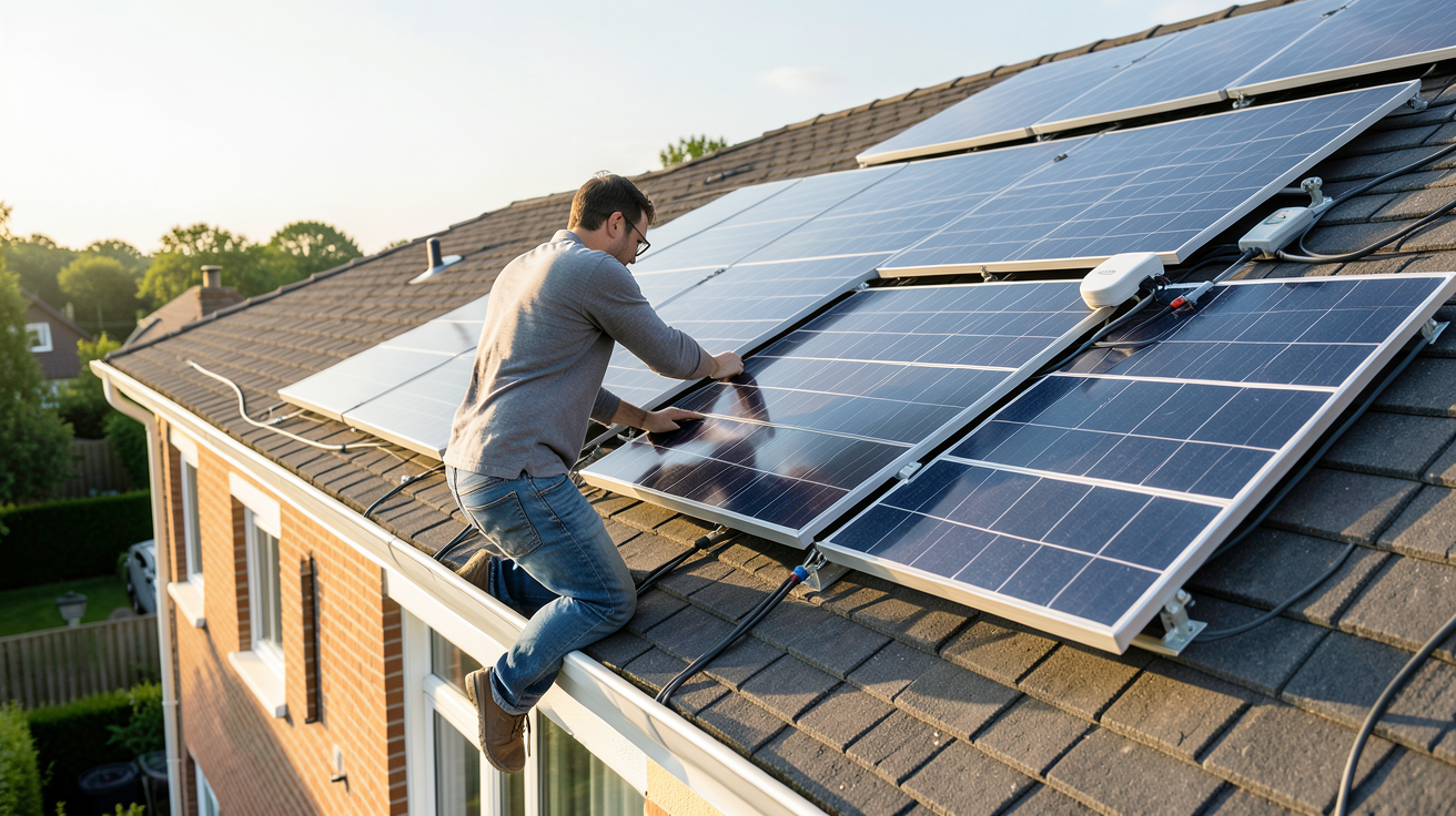 peut on installer soi meme des panneaux photovoltaique : particulier en train d'installer des panneaux solaires sur un toit de maison