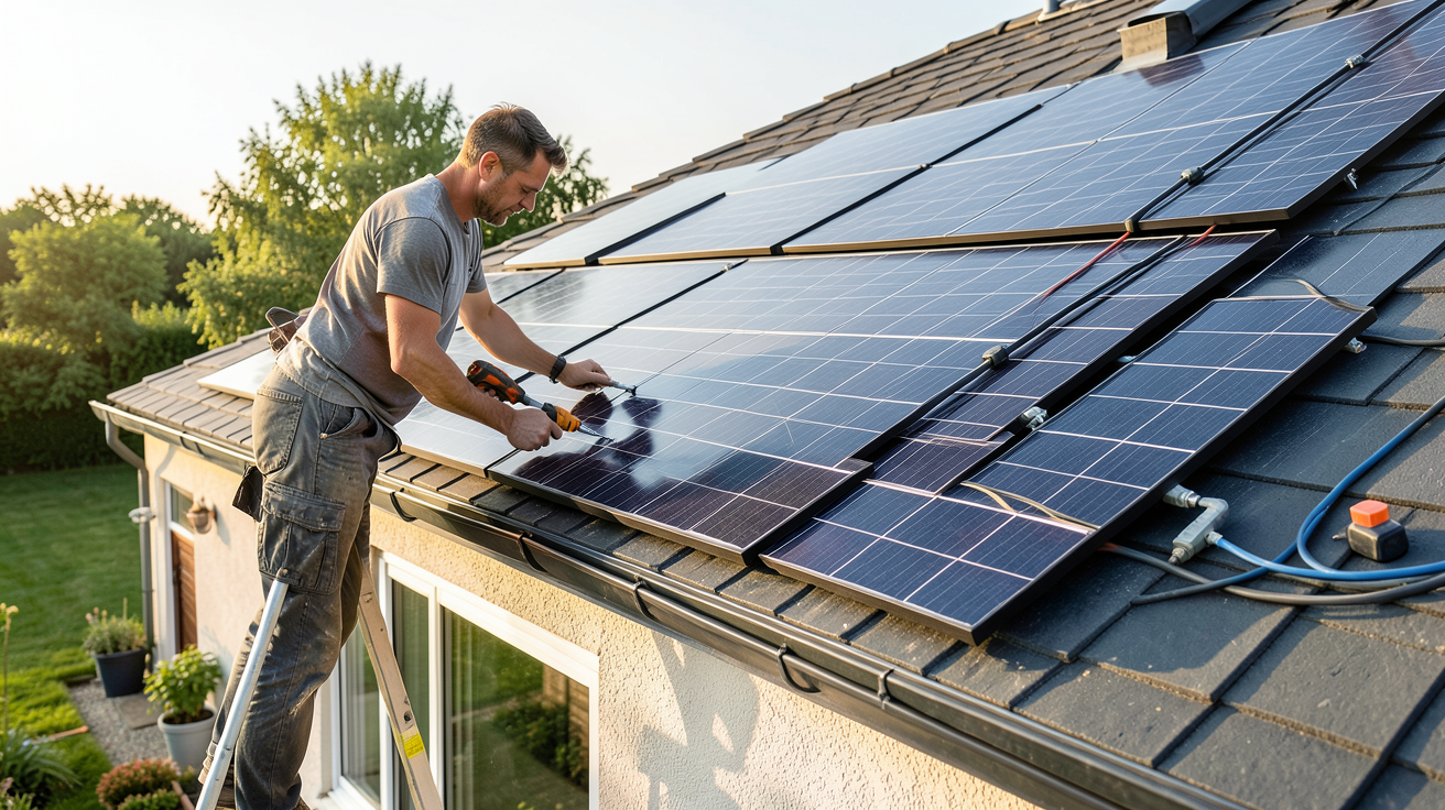 peut on installer soi même des panneaux photovoltaiques en train d'être posés sur un toit de maison
