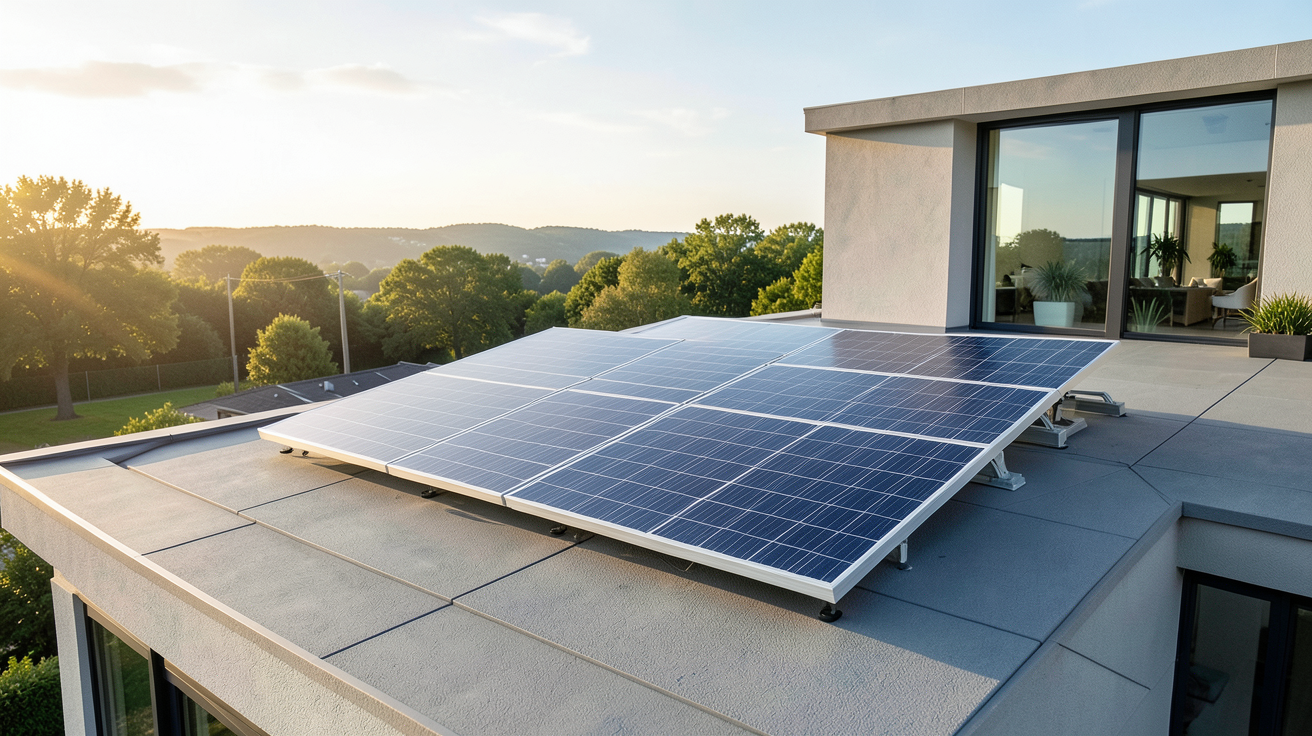 photo climat panneau solaire classique à gauche et système aérovoltaïque à droite sur un toit de maison moderne