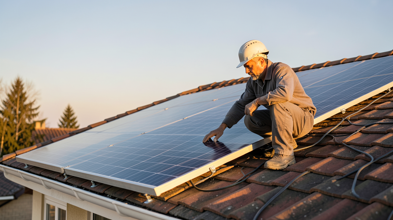 photo climat panneau solaire montrant les étapes d'installation sur une maison avec un artisan en action