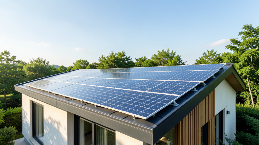 photo climat panneau solaire installé sur le toit d'une maison écologique