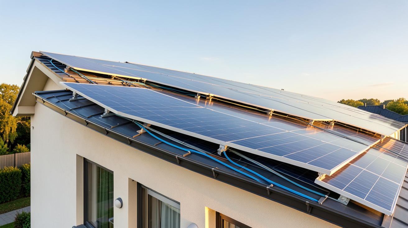 photo panneau photovoltaïque installée sur le toit d'une maison rénovée dans le cadre d'un projet Prime Énergie Rénovation