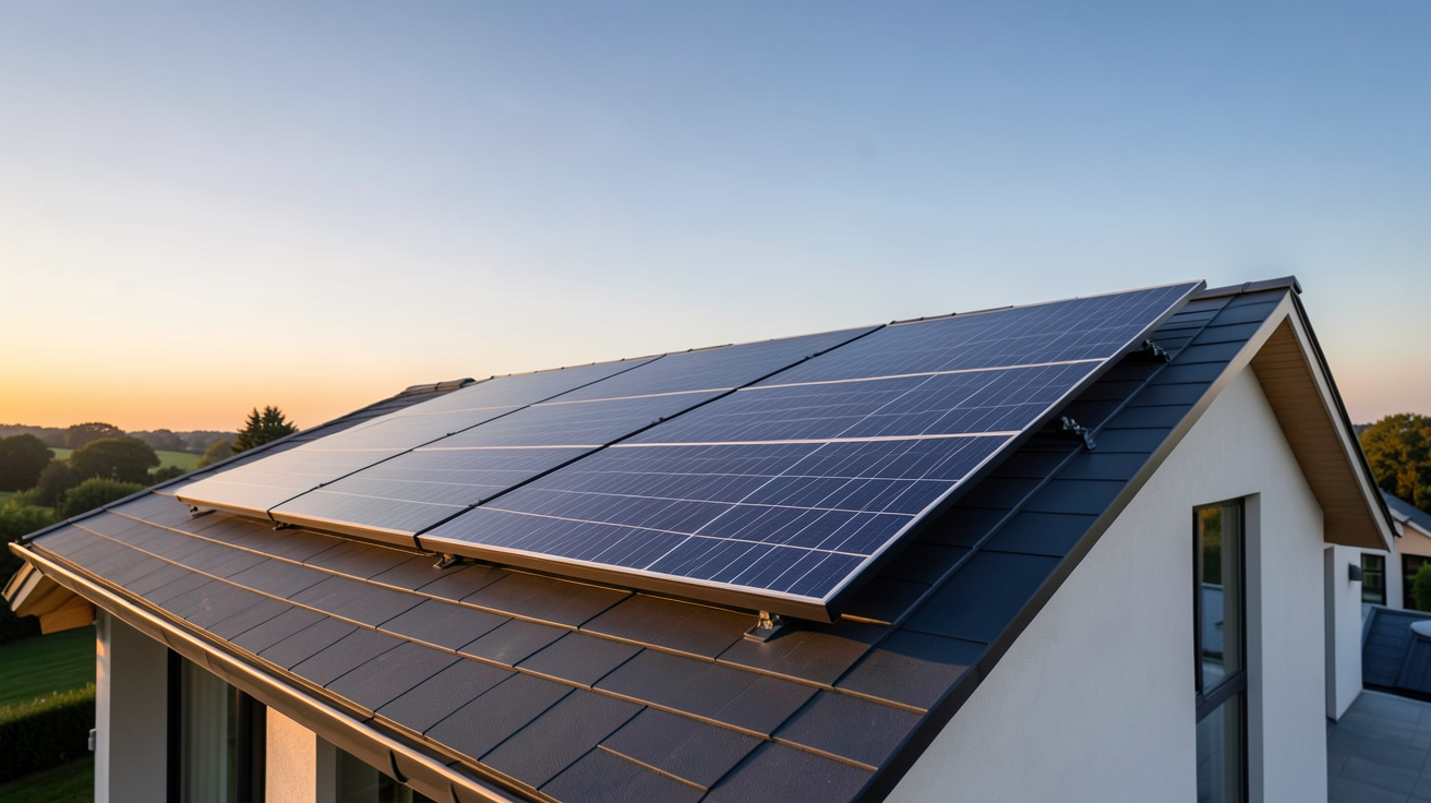 photo panneau photovoltaïque installé sur le toit d'une maison moderne sous un ciel dégagé
