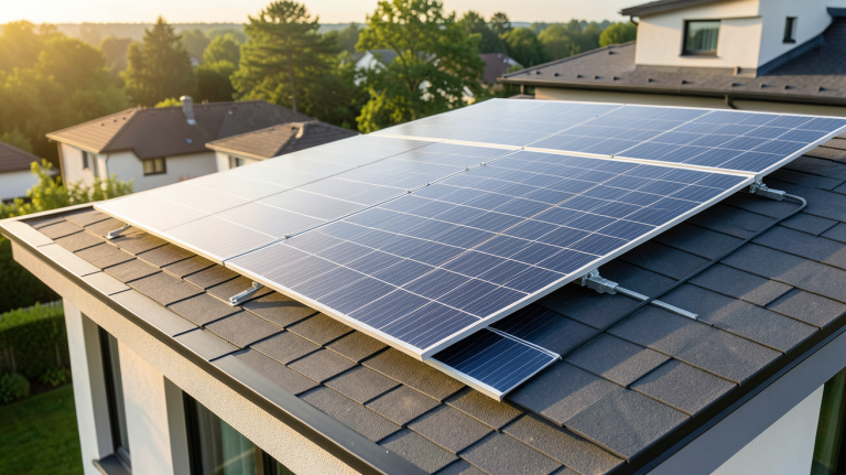 photo panneau photovoltaïque installé sur le toit d'une maison contemporaine