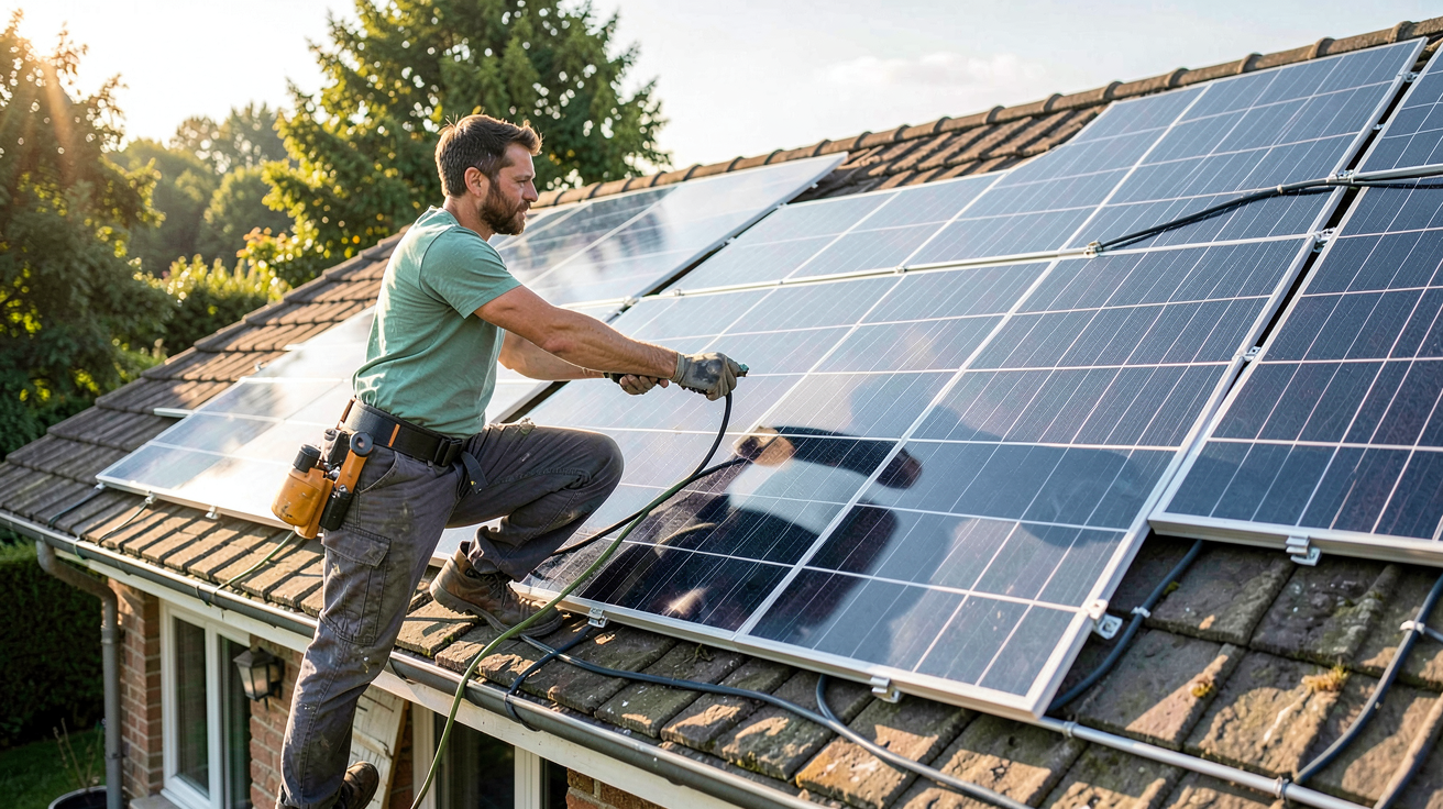 photo panneau solaire installation en cours sur le toit d'une maison individuelle avec un technicien professionnel