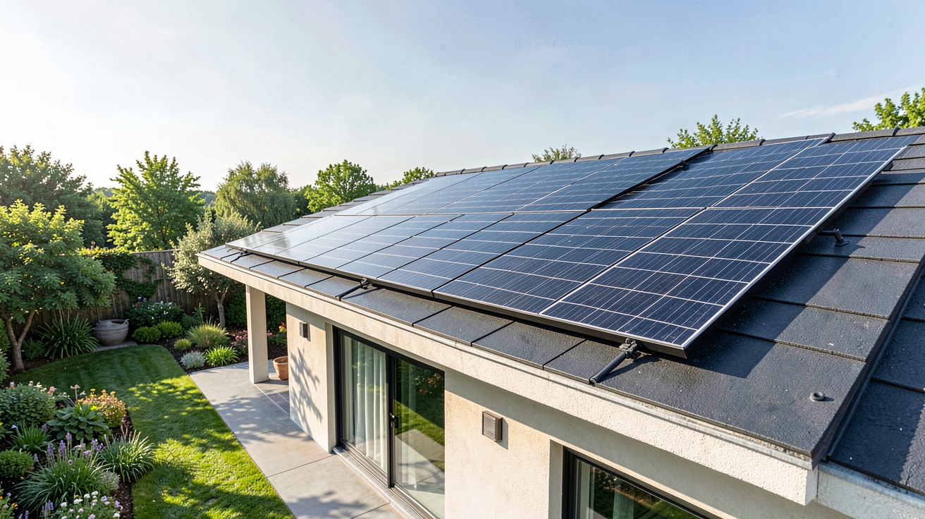 photo panneau solaire noir installé sur le toit d'une maison moderne avec jardin